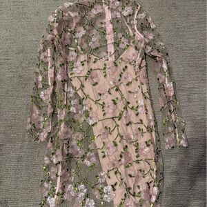 Floral Embroidered Mini Dress - Pink and Green